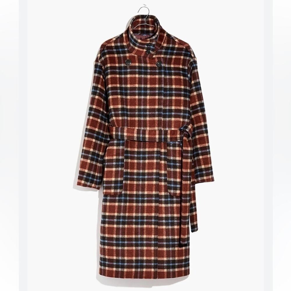 Madewell Rust Wool Blend Plaid Women's Coat Long Belted AA327 S - Picture 2 of 15